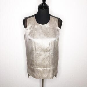 J Brand cream brown metallic lace print leather trim sleeveless top size Medium